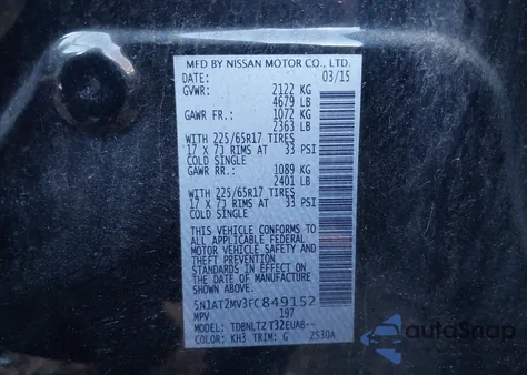 2015 Nissan Rogue Sv z USA, uszkodzony, nr VIN 5N1AT2MV3FC849152